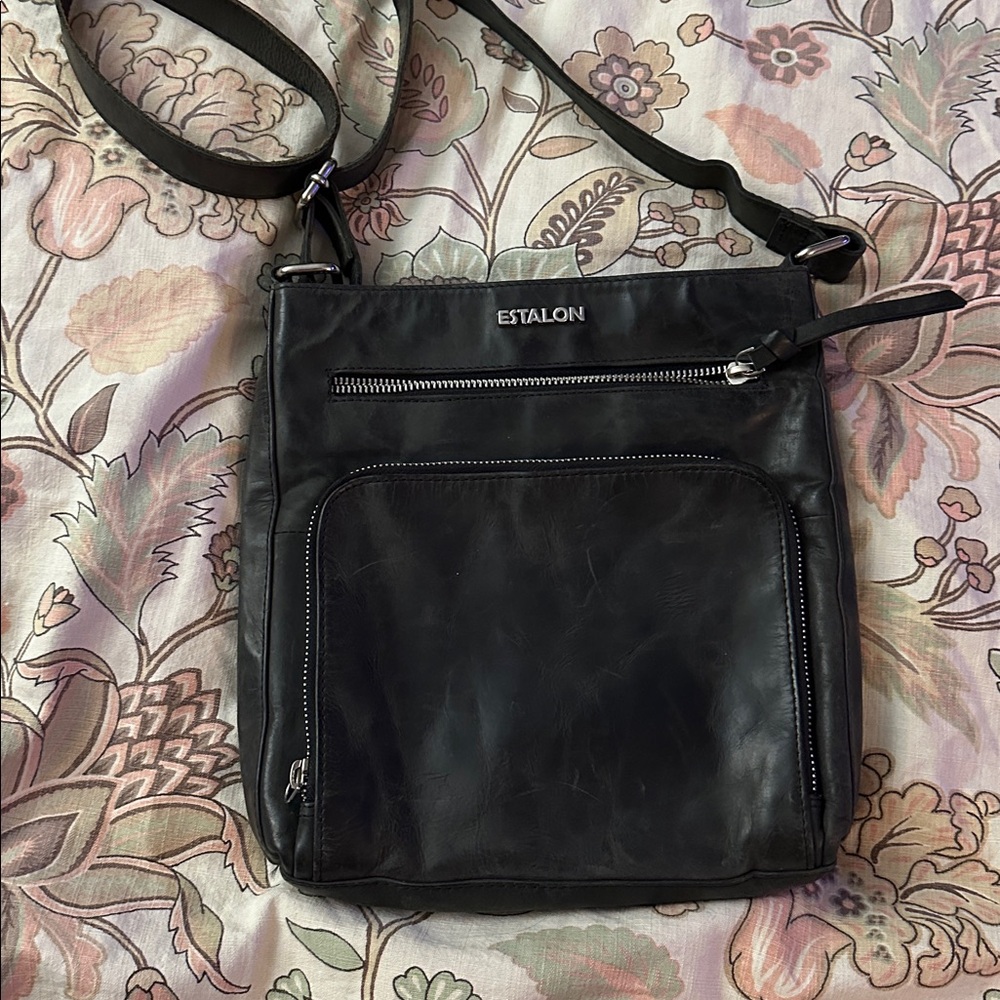 Estalon black 100% genuine leather crossbody bag purse shoulder sling New …